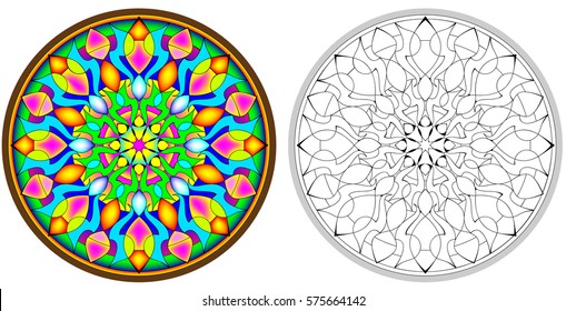 Colorful and black and white pattern of Gothic rose window, vector cartoon image.