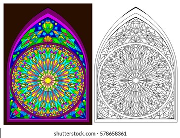 Colorful and black and white pattern of Gothic stained glass window with rose, vector cartoon image.