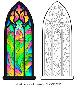 Colorful and black and white pattern of Gothic stained glass window. Worksheet for children and adults. Vector image.