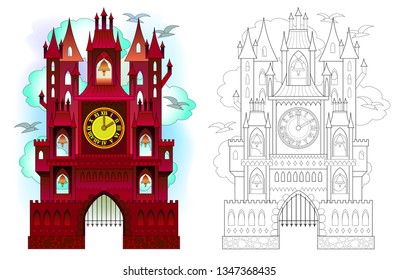 Colorful and black and white pattern of medieval Swiss castle with towers, bells and clocks. Printable worksheet for coloring book for children and adults. Vector cartoon image.