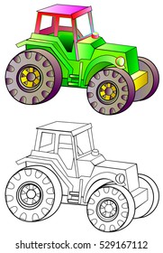 Colorful and black and white pattern of tractor, vector cartoon image.