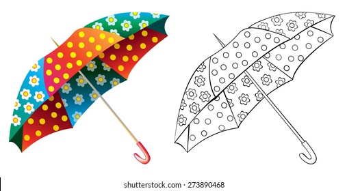 Colorful and black and white pattern umbrella, vector cartoon image
