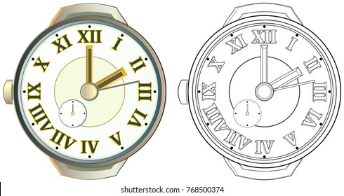 Colorful and black and white pattern of watch. Worksheet for children and adults. Vector image.