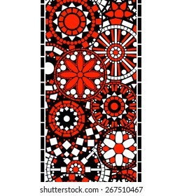 Colorful black white and red circle floral mandalas seamless pattern border, vector