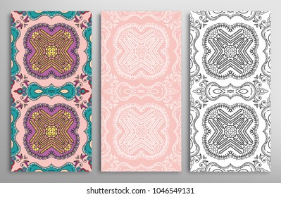 Colorful, black and white seamless patterns, floral geometric doodle texture for Wedding, Valentine's day, greeting card, Birthday Invitation. Decorative seamless ornamental backgrounds, lace border