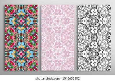 Colorful, black and white seamless patterns, floral geometric doodle texture for Wedding, Valentine's day, greeting card, Birthday Invitation. Decorative seamless ornamental backgrounds, lace border