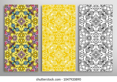 Colorful, black and white seamless patterns, floral geometric doodle texture for Wedding, Valentine's day, greeting card, Birthday Invitation. Decorative seamless ornamental backgrounds, lace border