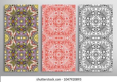 Colorful, black and white seamless patterns, floral geometric doodle texture for Wedding, Valentine's day, greeting card, Birthday Invitation. Decorative seamless ornamental backgrounds, lace border