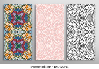 Colorful, black and white seamless patterns, floral geometric doodle texture for Wedding, Valentine's day, greeting card, Birthday Invitation. Decorative seamless ornamental backgrounds, lace border