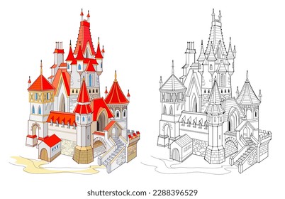 Plantilla colorida y en blanco y negro para colorear. Ilustración de un castillo francés medieval. Arquitectura antigua. Hoja de trabajo para libros de colorear para niños y adultos. Vector plano de dibujos animados.