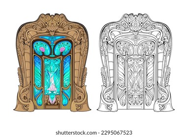 Colorful and black and white template for coloring. Illustration of a rich ornate Art Deco stained glass door. French architecture. Worksheet for coloring book for children and adults. Vector image.