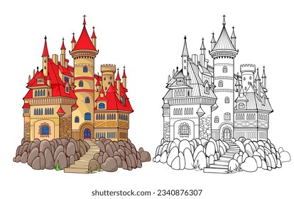 Colorful and black and white template for coloring. Fantasy illustration of a medieval French castle. Ancient architecture. Worksheet for coloring book for children and adults. Flat cartoon vector.