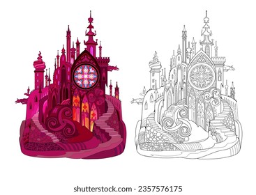 Colorful and black and white template for coloring. Fantasy fairy-tale medieval gothic castle. Ancient architecture. Worksheet for coloring book for children and adults. Flat cartoon vector.