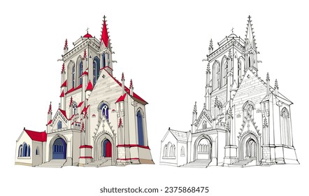 Colorful and black and white template for coloring. Fantasy illustration of a medieval French cathedral. Ancient architecture. Worksheet for coloring book for children and adults. Flat cartoon vector