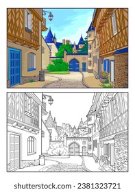 Colorful and black and white template for coloring. Fantasy illustration of a cute medieval French town street. Ancient architecture. Worksheet for coloring book for children and adults. Flat vector.