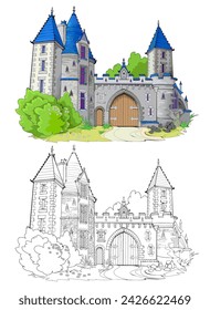 Colorful and black and white template for coloring. Fantasy illustration of a medieval French fortress with gates. Ancient architecture. Worksheet for coloring book for children and adults.