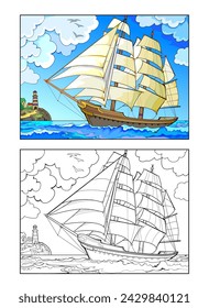 Colorful and black and white template for coloring. Fantasy illustration of an ancient two-masted sailboat sailing in Douarnenez bay. Worksheet for coloring book for children and adults. Vector image