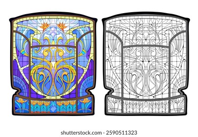 Colorful and black and white template for coloring. Fantasy illustration of an Art Deco stained glass window. French architecture. Worksheet for coloring book for children and adults. Vector image.