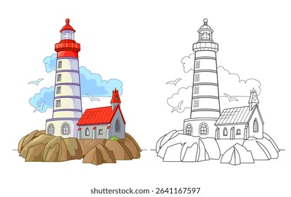 Colorful and black and white template for coloring. Fantasy illustration of an ancient Breton lighthouse on the Atlantic coast. Worksheet for coloring book for children and adults. Hand drawn vector