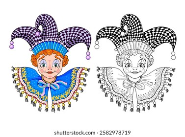 Colorful and black and white template for kids coloring book. Drawing of a beautiful little clown doll. Worksheet for children and adults. Hand drawn vector Illustration.