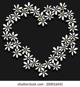 colorful black white yellow daisies romantic botanical border heart shape on dark background  floral decoration