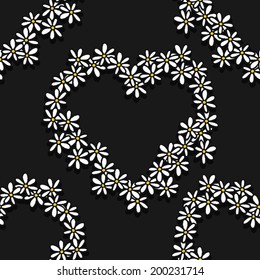 Colorful black white yellow daisies romantic botanical border heart shape on dark background floral decorative seamless pattern