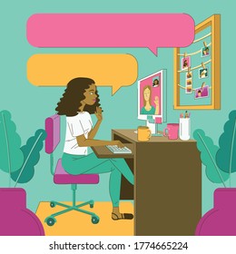 Colorful black woman illustration working at home, video call, computer bedroom workspace