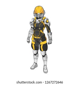 Colorful black, yellow and white space suit with big helmet