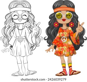 Colorful and black-and-white 70s themed girl characters.