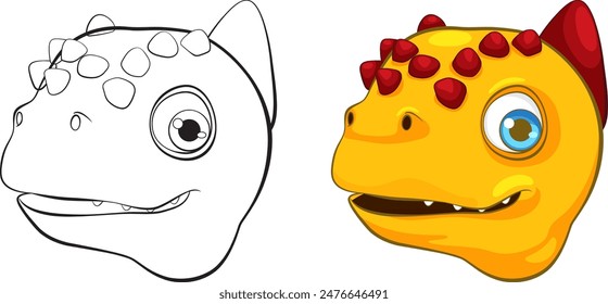 Colorful and black-and-white dinosaur head illustration