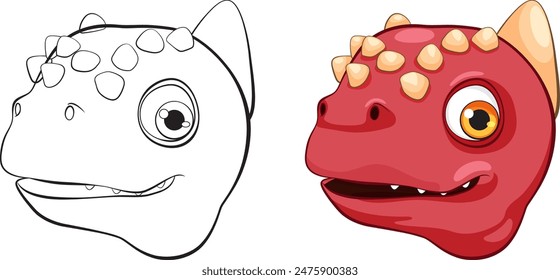 Colorful and black-and-white dinosaur head vector