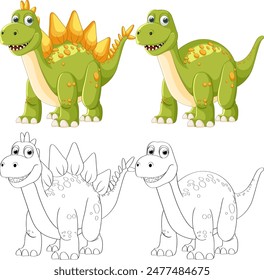 Colorful and black-and-white dinosaur illustrations