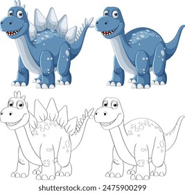 Colorful and black-and-white dinosaur vector illustrations