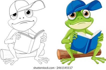 Colorful and black-and-white frog reading on log