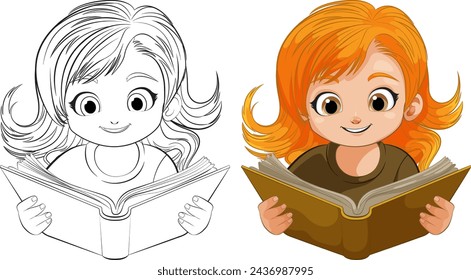 Colorful and black-and-white illustrations of a reading girl