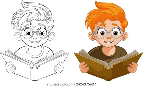 Colorful and black-and-white images of a reading boy