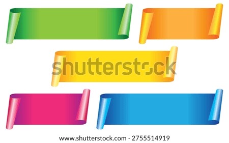 Colorful blank banners presenting roll-up scroll shapes and providing design elements for advertising, promotion, or notice isolated on white background