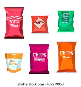 Colorful blank boil food snack packaging for chocolate cookies, sweets, sugar, pepper, coffee, spices, salt, chips mockup template isolated on white background. Vector EPS10