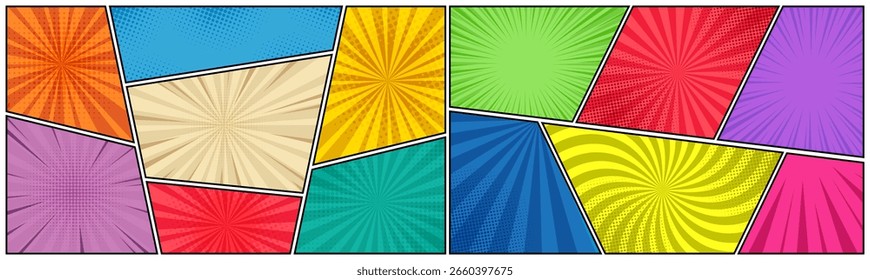 Farbiger, leerer Comic-Hintergrund oder -Rahmen mit gepunktetem Halbton und Sonnenaufgang im Retro-Pop-Art-Stil. Cartoon-Papier-Layout mit Overlay-Textur und Geschwindigkeit Aktion Lichteffekt für Wolke-Sprache Blase