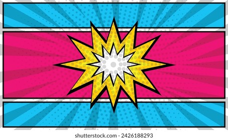 Colorful blank comic page background with lightning. halftone background. Comic background cartoon style