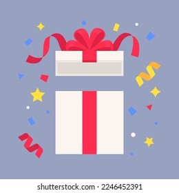 Caja de regalo en blanco colorido en diseño plano para usar como banner, afiche para publicidad