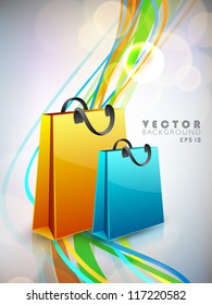 Colorful blank paper shopping bag on wave background. EPS 10.