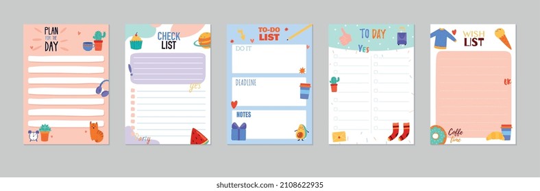 Coloridos pegatinas de planificadores en blanco con para hacer listas de verificación de deseos e imágenes graciosas ajustadas de forma realista aisladas en ilustración vectorial de fondo gris