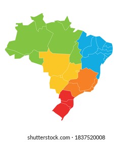 Colorful blank political map of Brazil. States divide by color into 5 regions . Simple flat vector map.