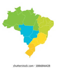 Colorful blank political map of Brazil. States divide by color into 5 regions . Simple flat vector map.