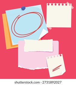 Farbige, leere Haftnotizen, Notizblöcke und Papiererinnerungen auf lebhaftem rotem Hintergrund, ideal für Organisation, Planung, Brainstorming oder Aufgaben in Schule und Büro