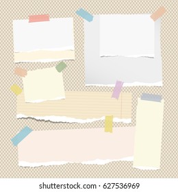 Colorful and blank white note, notebook, copybook sheets, strips stuck with sticky tape on squared brown background