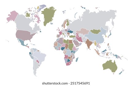 Colorful blank world map vector showcasing vibrant continents with no labels. Ideal for modern, clean visuals.international,sign,art,region,city,contour,nation,infographic,political,concept,outline.