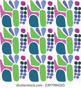 Colorful blob leaf for flat scandi style seamless vector kids pattern. Fun whimsical nature for boy baby wallpaper. Scandi block print bold funny print.