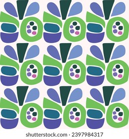 Colorful blob leaf for flat scandi style seamless vector kids pattern. Fun whimsical nature for boy baby wallpaper. Scandi block print bold funny print.